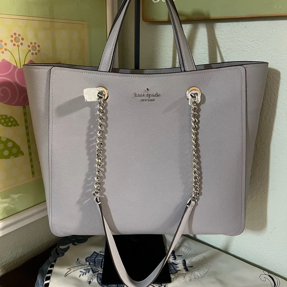 Kate Spade Light Gray Pebble Leather Chain Strap Tote NWT